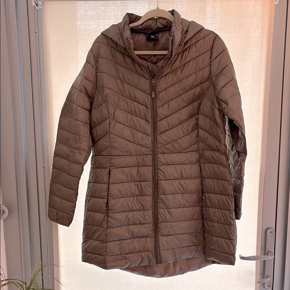 Brown Quilted Hooded Packable Jacket with Bag